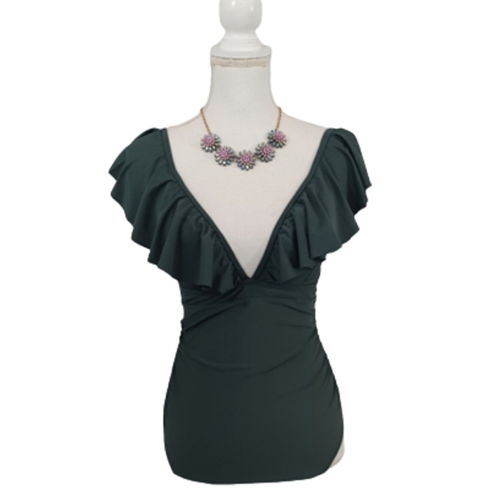 Army Green Ruffle Open Corset Back V-neck Plunge One Piece Swimsuit Bathingsuit